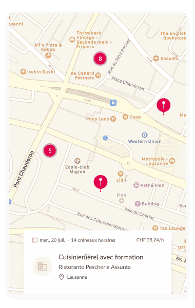 Écran de l'app Coople Jobs affichant une carte avec les lieux d'emploi