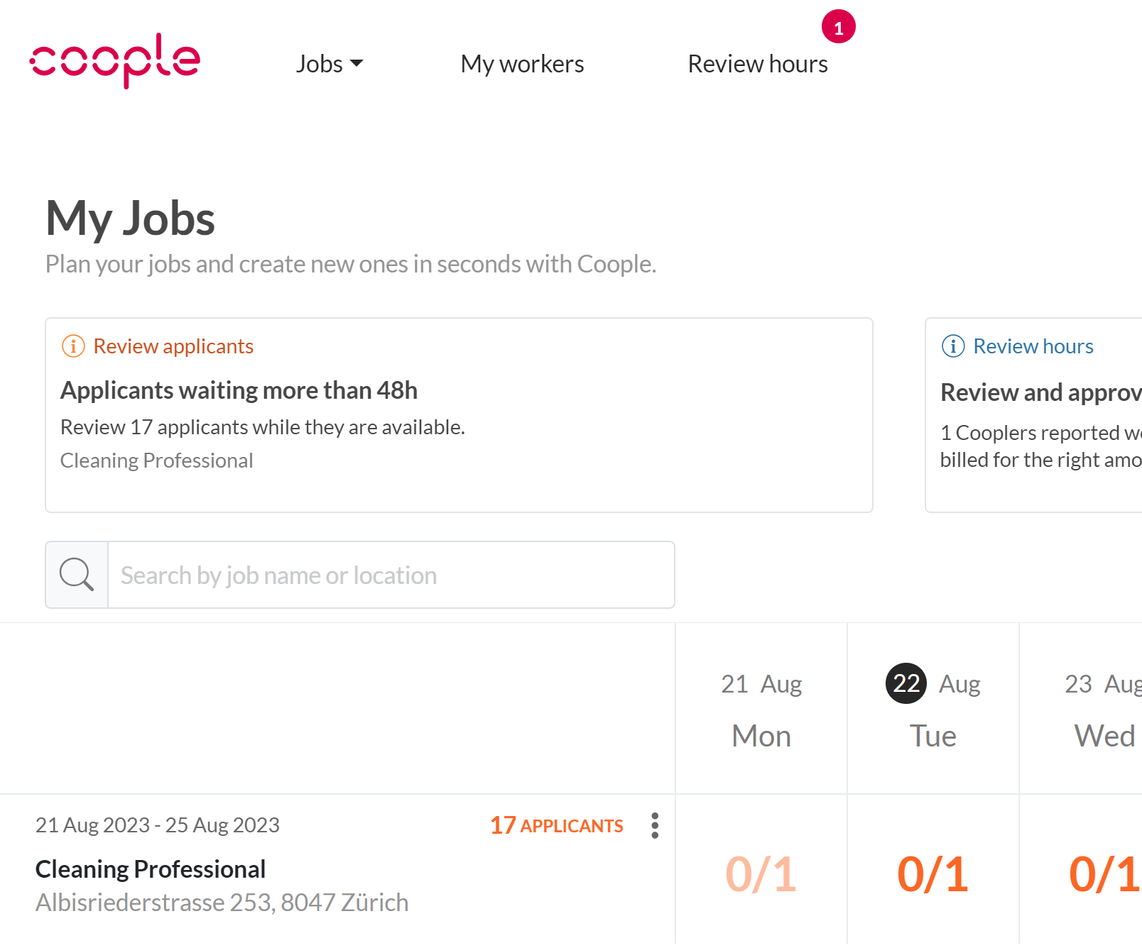 Screenshot of the Coople Platform showing the overview of applicants waiting for feedback.