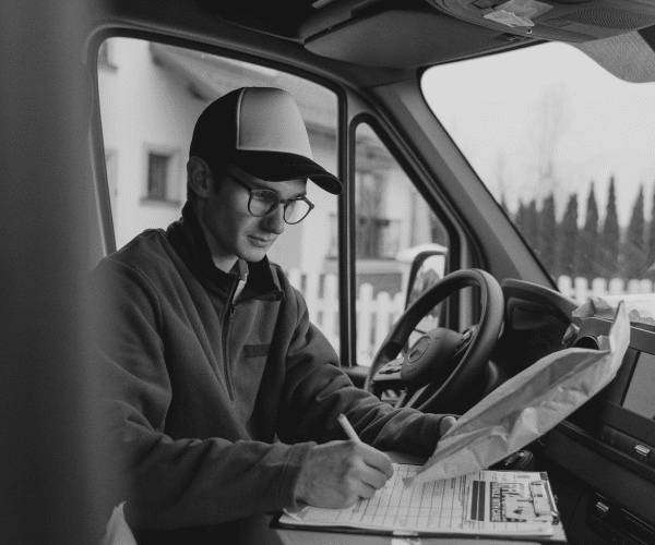 Young man in delivery van filling out a waybill for a package he has to deliver