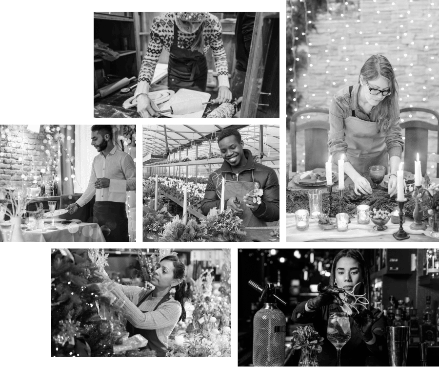 Black and white collage of workers in festive settings