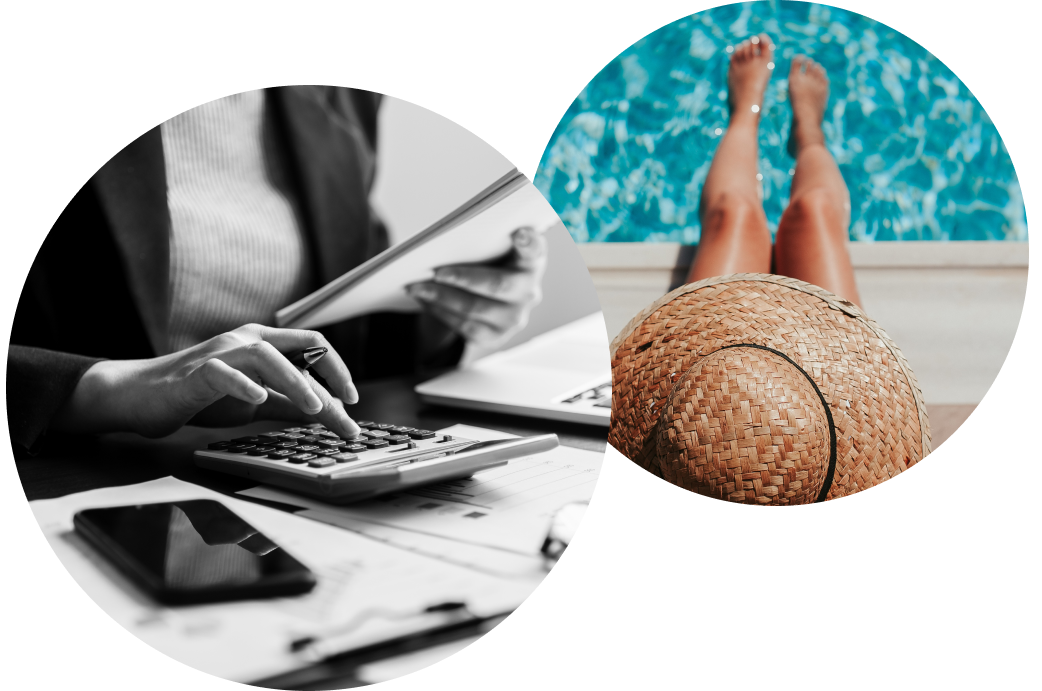 two images, one showing a woman using a calculator to file tax returns. The other shows a woman sitting beside a pool representing employee rights such as paid holiday. 