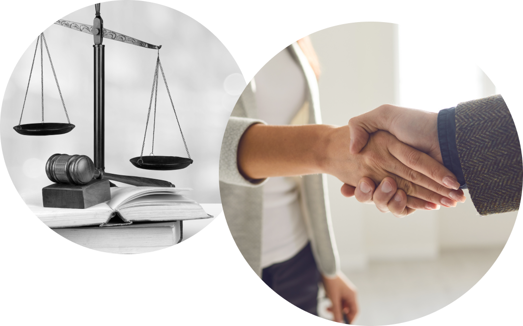 two images, one showing a gavel and set of scales representing legal risk businesses may face. Another image shows two people shaking hands.