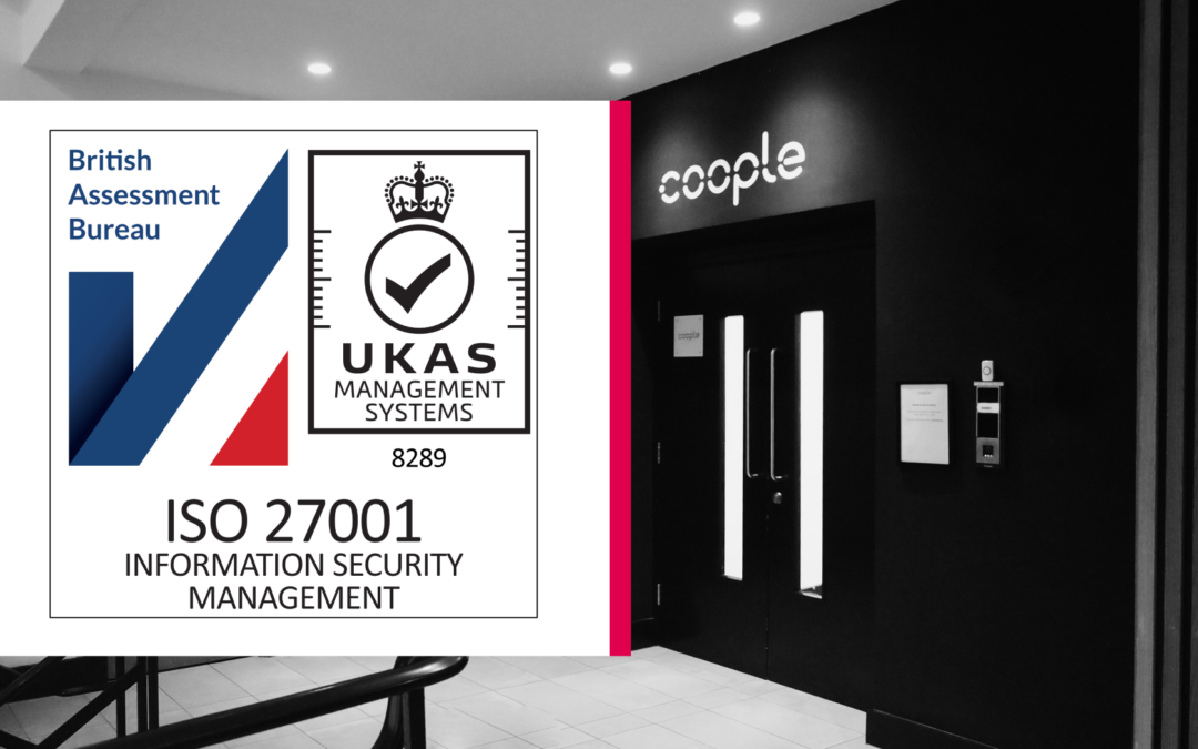 ISO 27001 certification award logo next to the entrance to the Coople UK office